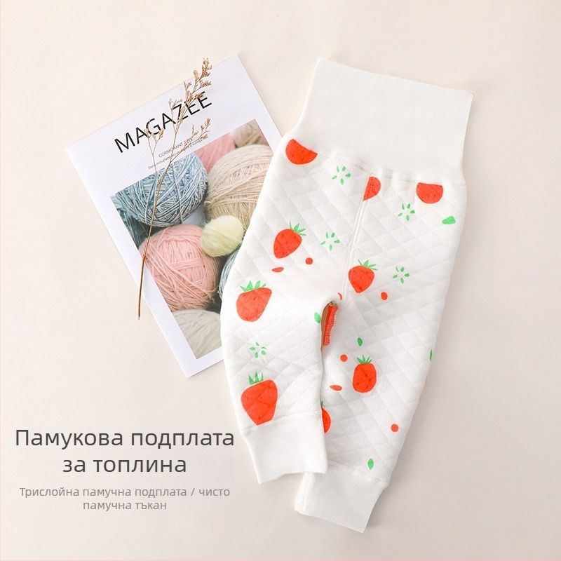 Бебешки панталони от 100% памук, топли еднослойни, висока талия за защита на корема, плоден принт, за бебета 0–1 година