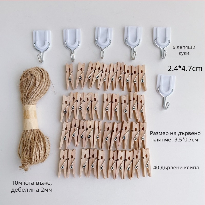 Дървена щипка за снимки със конопен канап за стенен дисплей – подходяща за стая и класна стая. Марка: Other; Материал: дърво; Тип на продукта: Hand ledger.