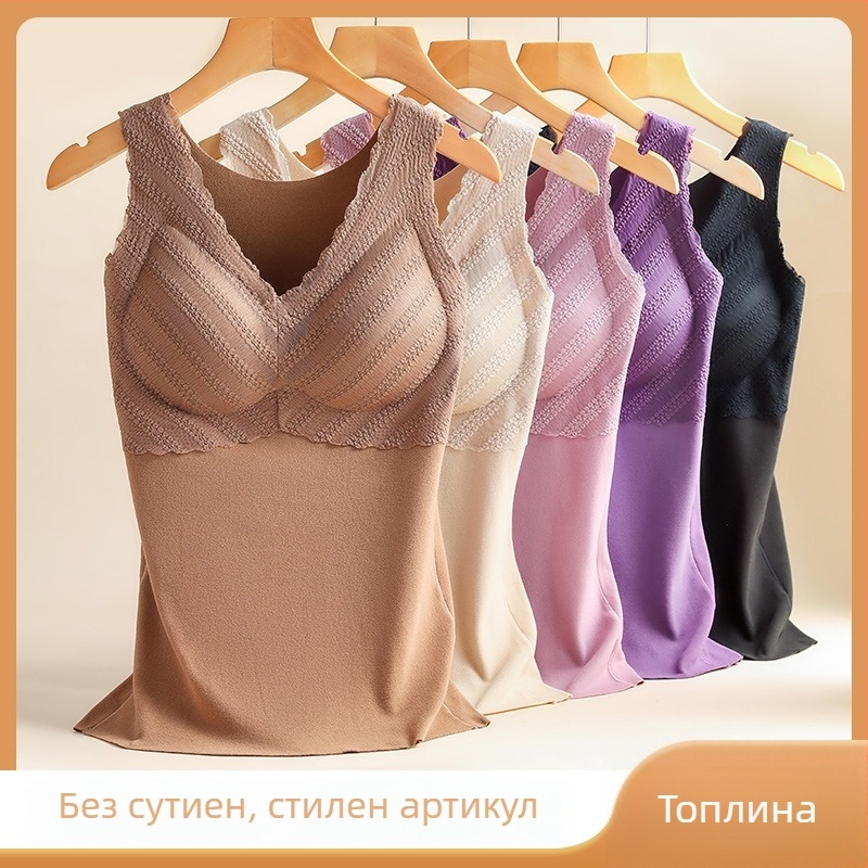Дамски термо потник с двойно странично мъхнат бархат, подплънка за бюста, размер плюс