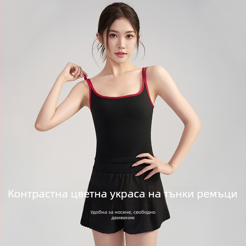 Йога потник с подплънки за бюст, контрастни презрамки, без ръкави, вталяващ пилатес топ, дишаща материя нейлон+спандекс 80/20