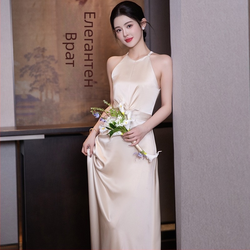 Рокля за шаферки, колекция 2025, елегантна А-линия, деколте с едно рамо, без ръкави, полиестерна еластична материя, дължина 130 см