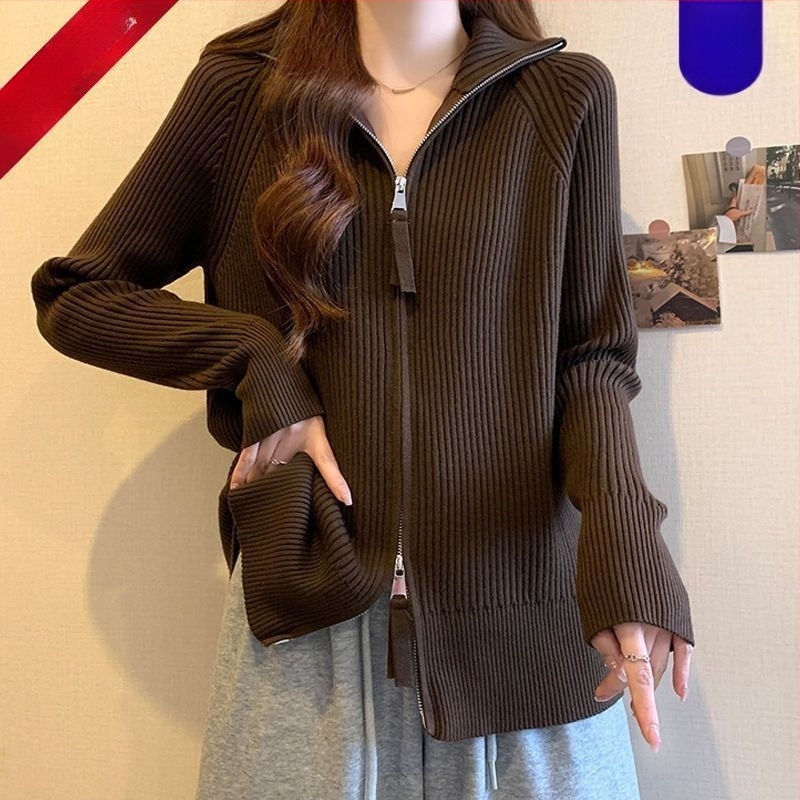 женски кардиган от chenille с цип, висока яка и принцески ръкави – средна дължина, пролет 2025