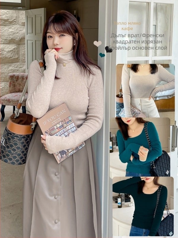 Дамски едноцветен плетен пуловер с висока/квадратна яка, Rabbit Velvet Core-Spun Yarn, зима 2025, плетена материя с еластан