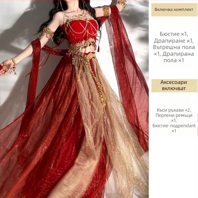 Етнически костюм за танци с вдъхновение от Dunhuang Apsara, метален коприна плат, печат, съдържание на основния плат 95%+, съдържание на вторичния плат 95%+