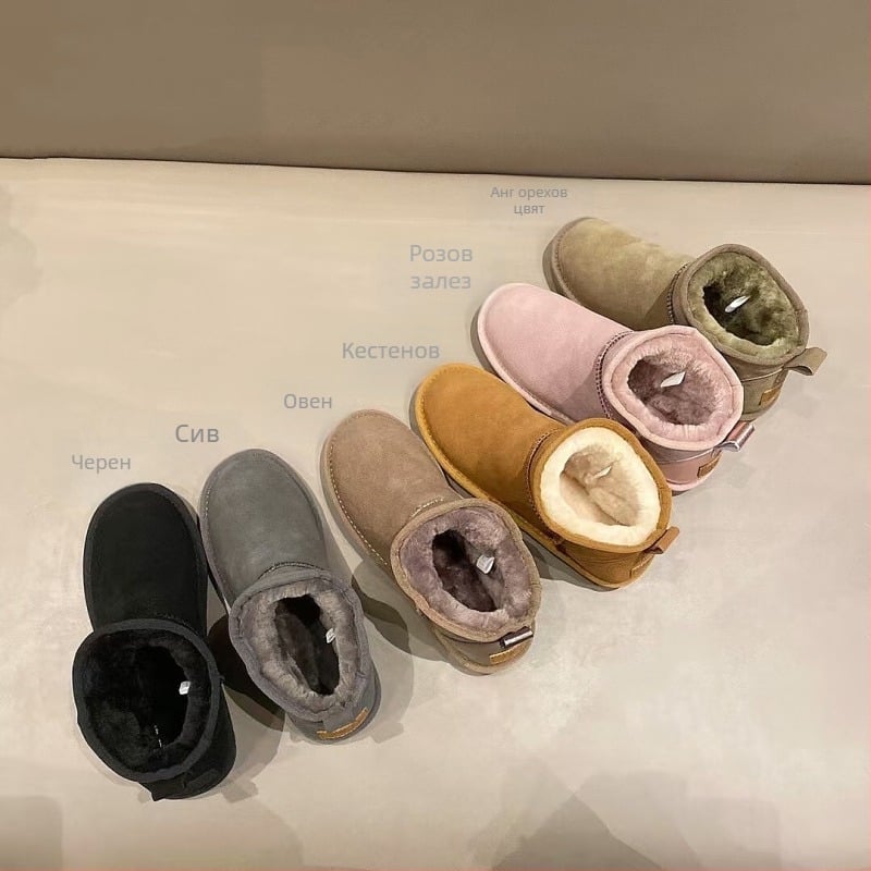 Обувки за сняг от кравешка кожа, подплатени с изкуствен пух, противохлъзгаща подметка, топли, нисък глезен, кръгъл нос, плосък ток, стил Casual, Зима 2024