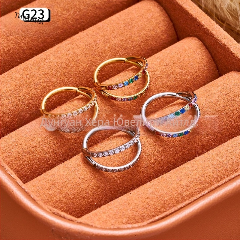 Носна халка с цирконова вставка, титанова сплав G23, двойно фасетиран ръб с диаманти, гравирано пирсинг бижу