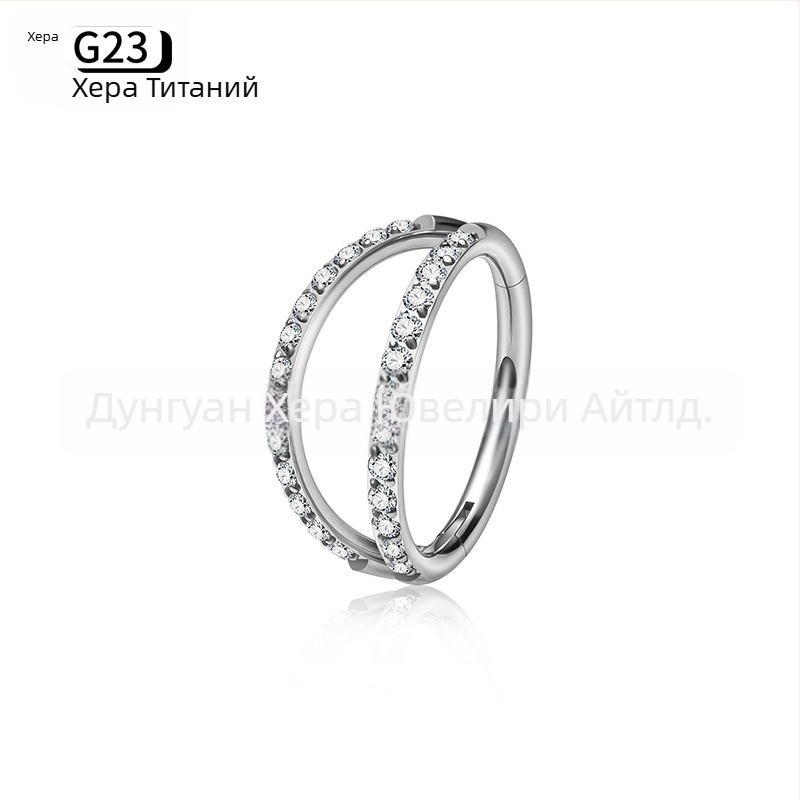 Носна халка с цирконова вставка, титанова сплав G23, двойно фасетиран ръб с диаманти, гравирано пирсинг бижу