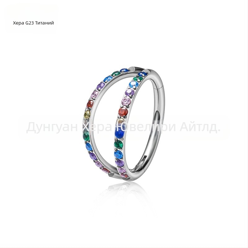 Носна халка с цирконова вставка, титанова сплав G23, двойно фасетиран ръб с диаманти, гравирано пирсинг бижу