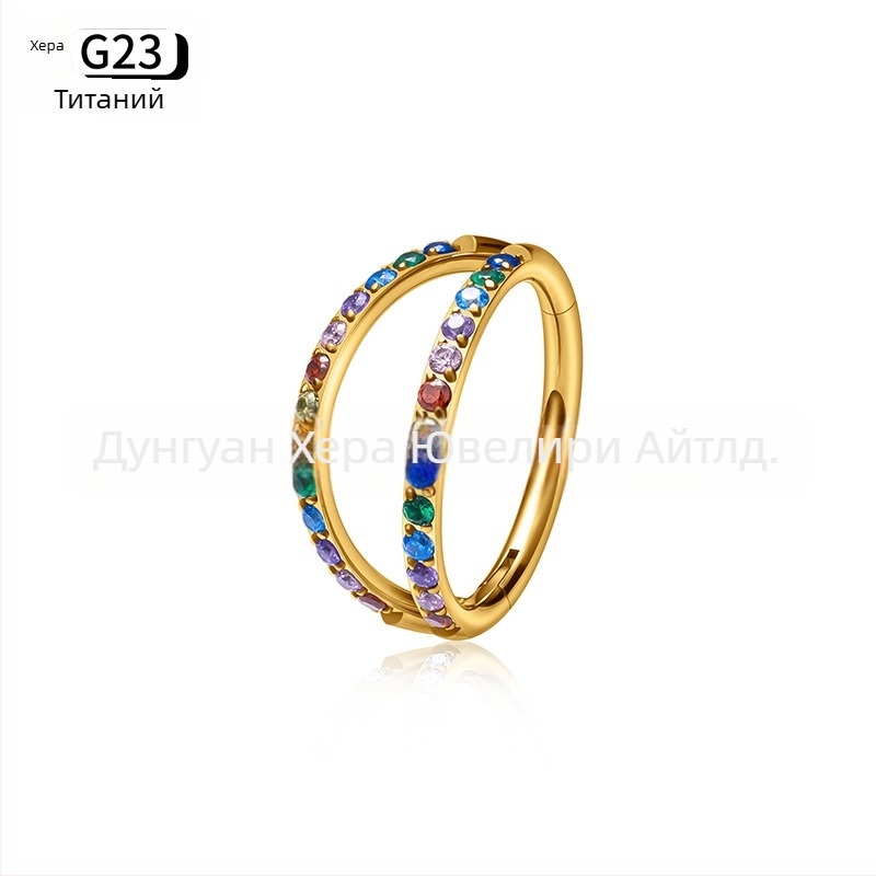 Носна халка с цирконова вставка, титанова сплав G23, двойно фасетиран ръб с диаманти, гравирано пирсинг бижу