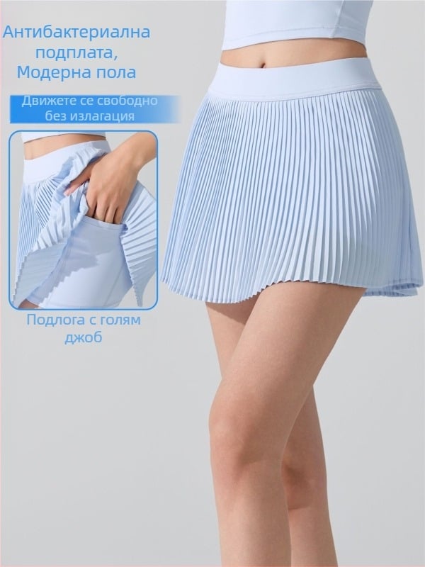 Спортна пола за жени, висока талия, плисирана, с вградени шортове против прозиране, полиестер, антибактериална подплата 5A