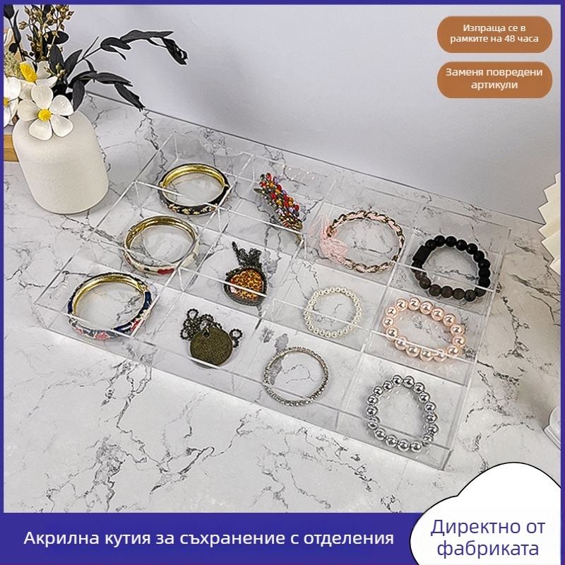 Акрилна настолна кутия за съхранение на козметика и бижута със прозрачен разделител, капак и дисплей