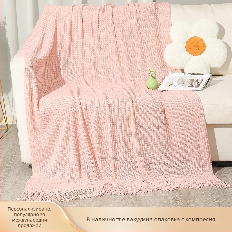 Одеяло за диван от акрилно влакно, плетено с пискюли, едноцветно, Ин стил, подходящо за всички сезони