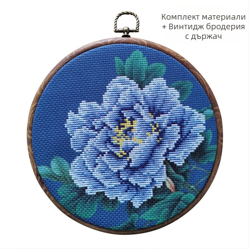 Бродерия с кръстчета – мотив пион, ръчна бродерия с конци, античен стил, дневна декорация