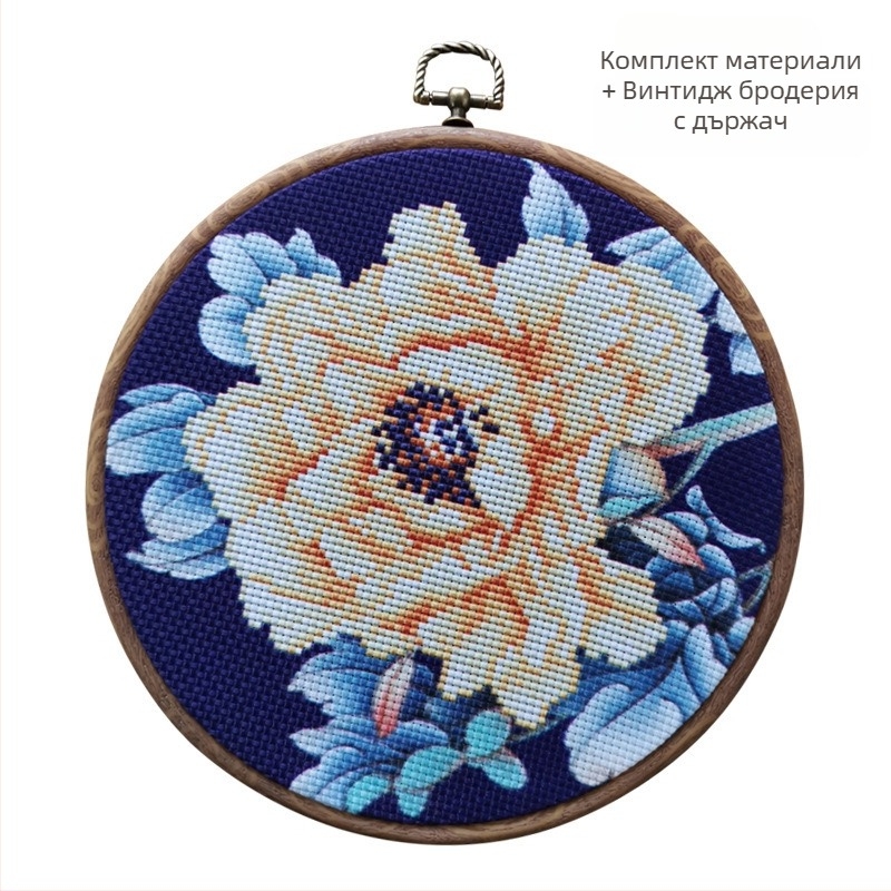 Бродерия с кръстчета – мотив пион, ръчна бродерия с конци, античен стил, дневна декорация