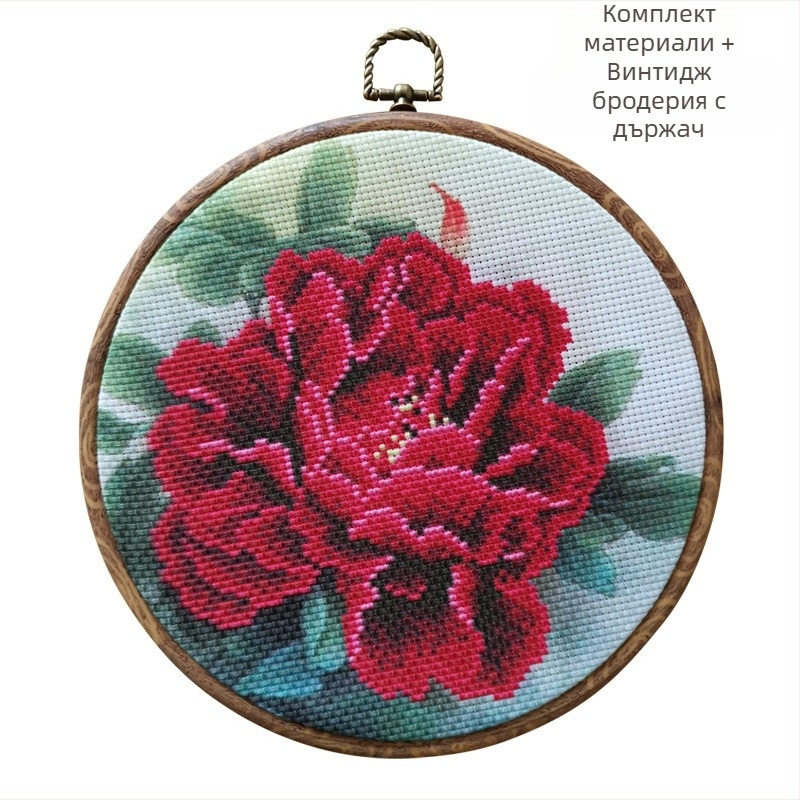 Бродерия с кръстчета – мотив пион, ръчна бродерия с конци, античен стил, дневна декорация