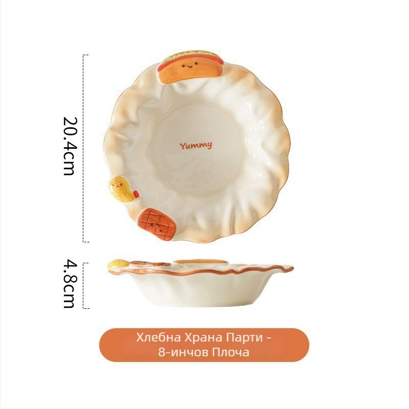 Керамична плоска чиния с подглазурен рисунък, нестандартна форма и мультяшен дизайн