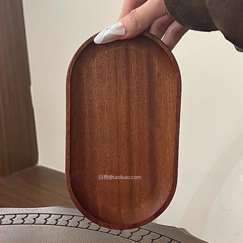 Японски стил масивен дървен елипсовиден поднос за десерт с държач за чаши и съхранение на бижута