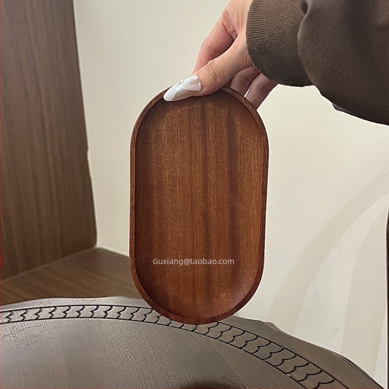 Японски стил масивен дървен елипсовиден поднос за десерт с държач за чаши и съхранение на бижута