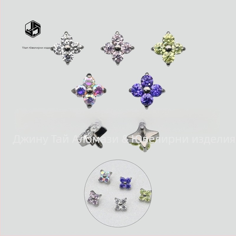 Обеци от имплант-титанов сплав, диамантна обработка, цветеобразна форма, циркониев кристал