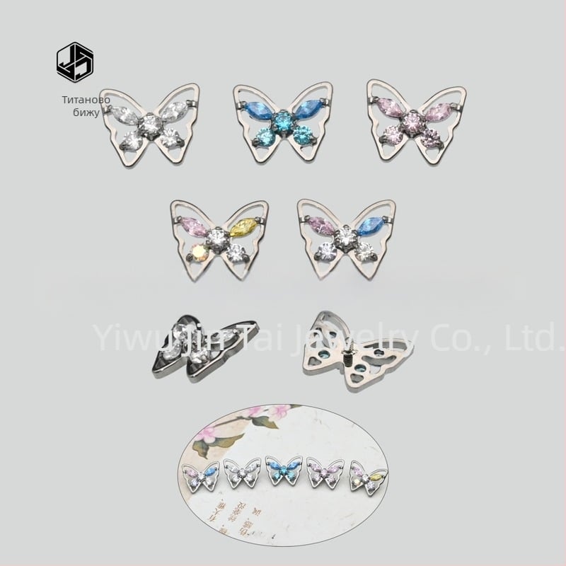 Обеци от имплантен клас титиева сплав, пеперуден дизайн с маркиз разрез диамантени камъни