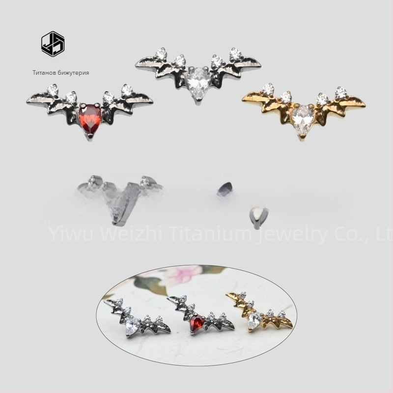 Обички F136 имплант-качествена титиева сплав, форма прилеп-капка, цирконов кристал, диамантена обработка