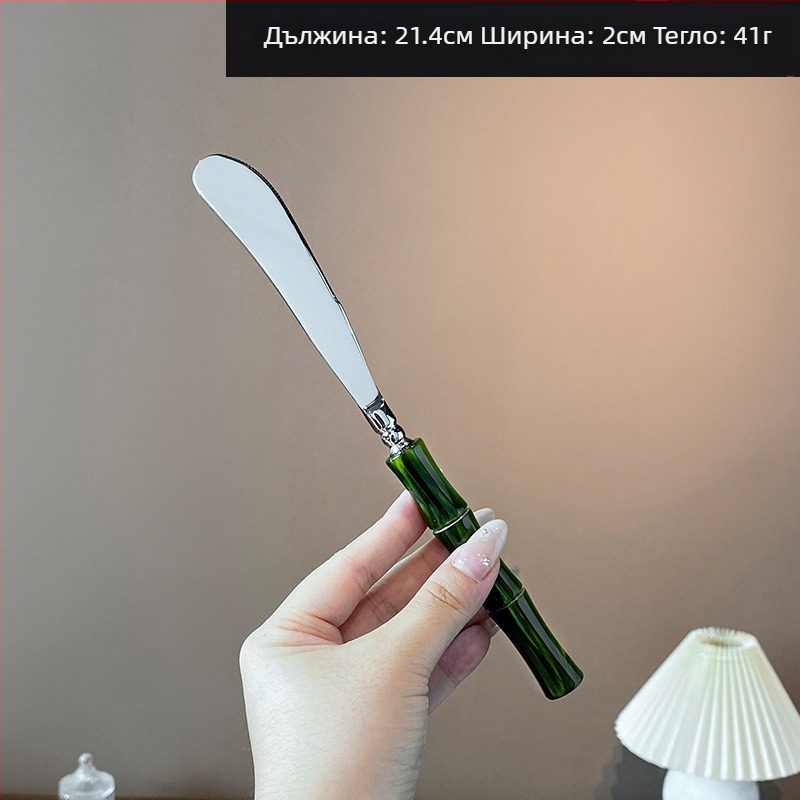 Комплект нож, вилица и лъжица с акрилна дръжка от 304 неръждаема стомана, с бамбуков възел, огледално полирани