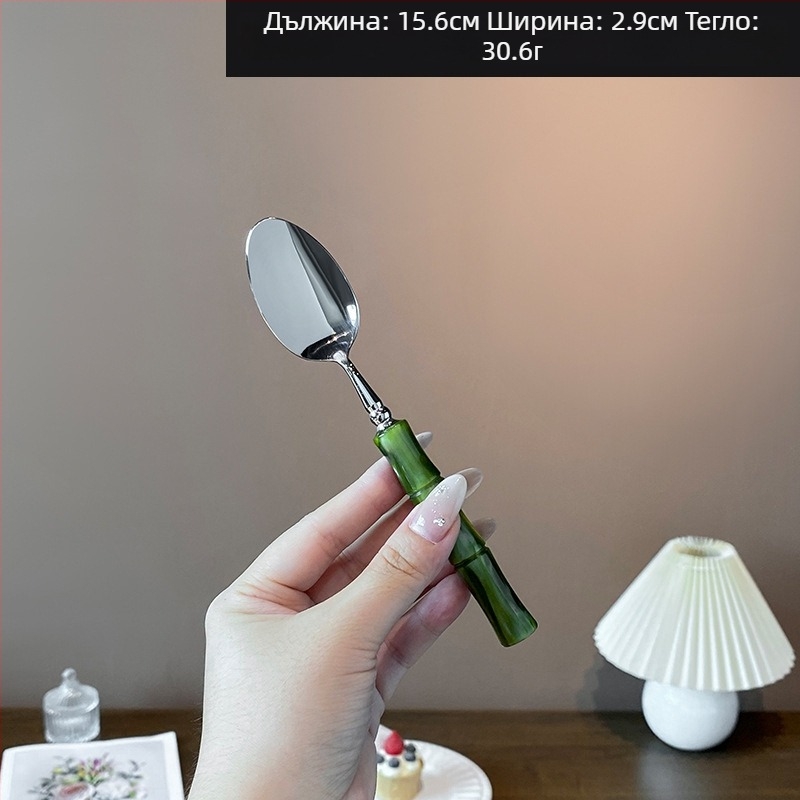 Комплект нож, вилица и лъжица с акрилна дръжка от 304 неръждаема стомана, с бамбуков възел, огледално полирани