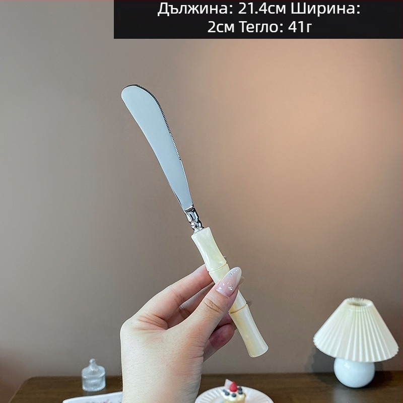 Комплект нож, вилица и лъжица с акрилна дръжка от 304 неръждаема стомана, с бамбуков възел, огледално полирани