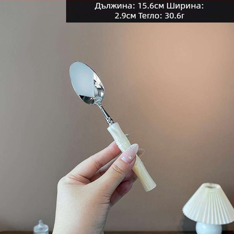 Комплект нож, вилица и лъжица с акрилна дръжка от 304 неръждаема стомана, с бамбуков възел, огледално полирани