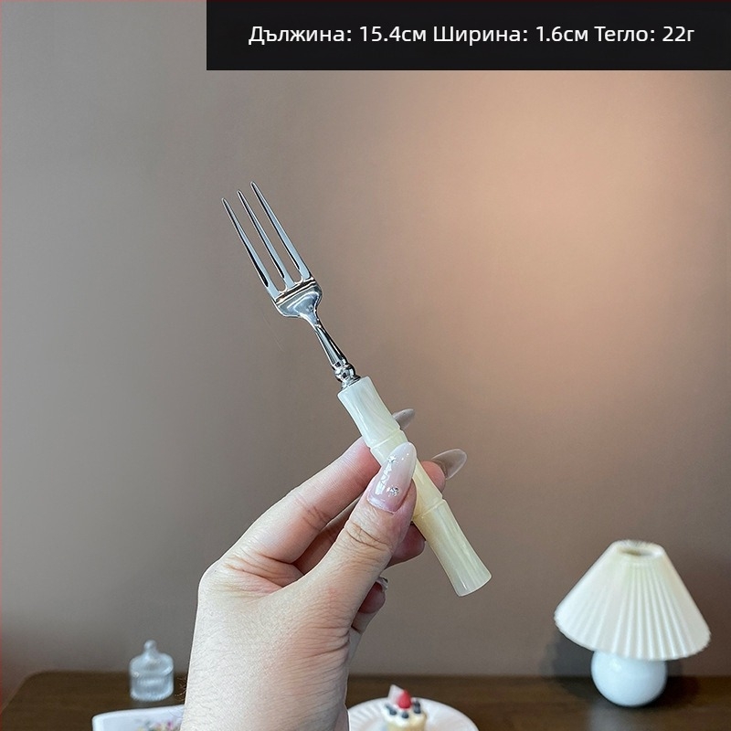 Комплект нож, вилица и лъжица с акрилна дръжка от 304 неръждаема стомана, с бамбуков възел, огледално полирани