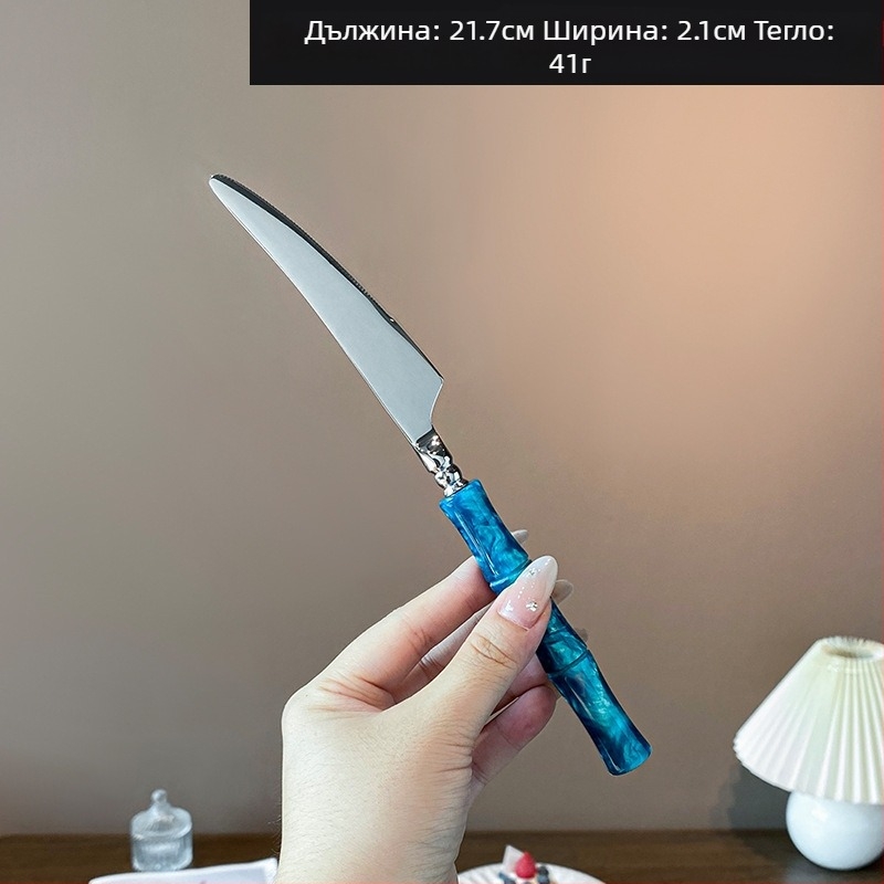 Комплект нож, вилица и лъжица с акрилна дръжка от 304 неръждаема стомана, с бамбуков възел, огледално полирани