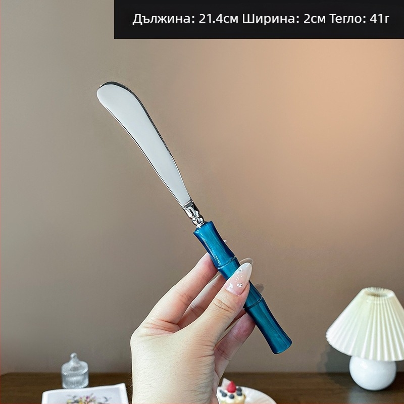 Комплект нож, вилица и лъжица с акрилна дръжка от 304 неръждаема стомана, с бамбуков възел, огледално полирани