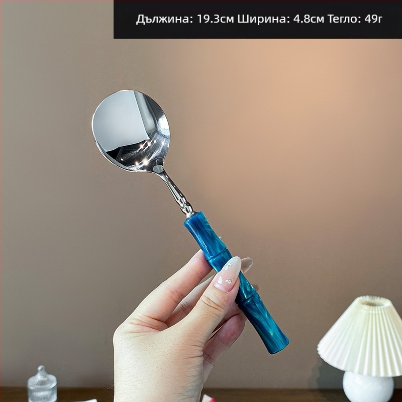 Комплект нож, вилица и лъжица с акрилна дръжка от 304 неръждаема стомана, с бамбуков възел, огледално полирани