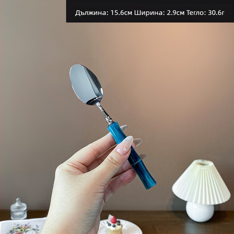Комплект нож, вилица и лъжица с акрилна дръжка от 304 неръждаема стомана, с бамбуков възел, огледално полирани