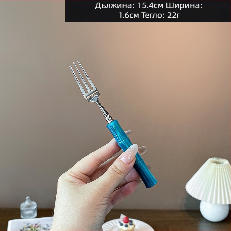 Комплект нож, вилица и лъжица с акрилна дръжка от 304 неръждаема стомана, с бамбуков възел, огледално полирани