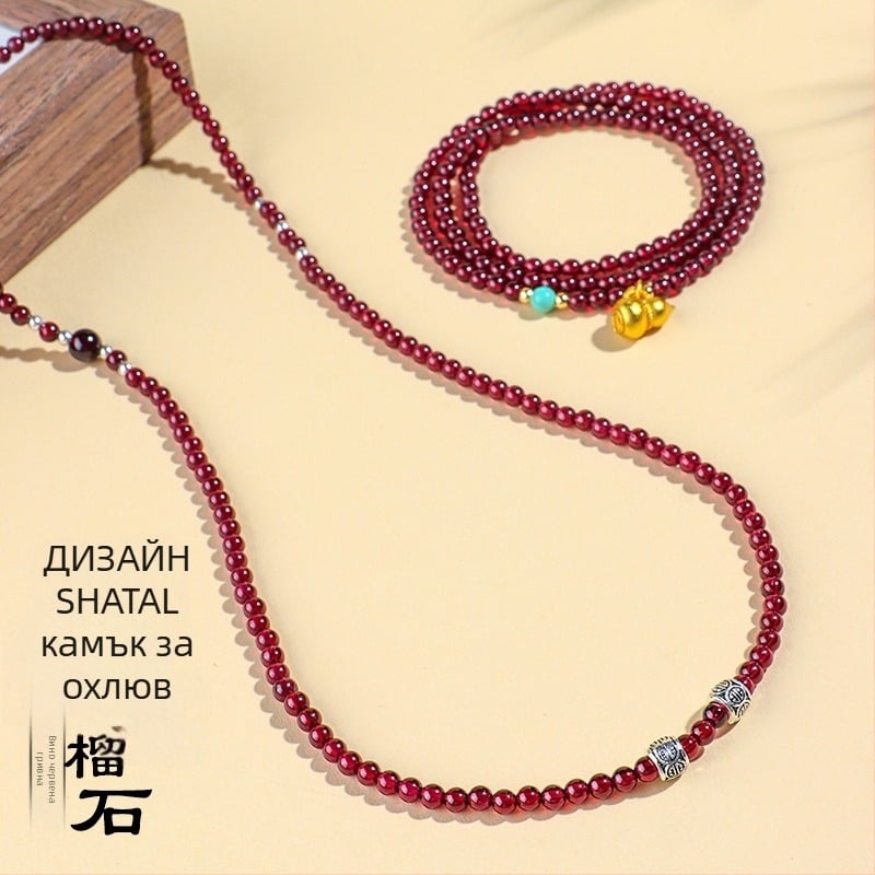 Гривна - естествен гранат, мъниста в три кръга дизайн, ръчно изработена, марка Badu, дамски моден аксесоар