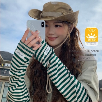 Дамски слънцезащитни ръкави с райета в корейски стил, охлаждащи за шофиране и каране, UV защита, акрилен материал