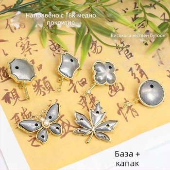 Ръчно изработена брошка от медна основа, дизайн кленов лист и цирконова вставка