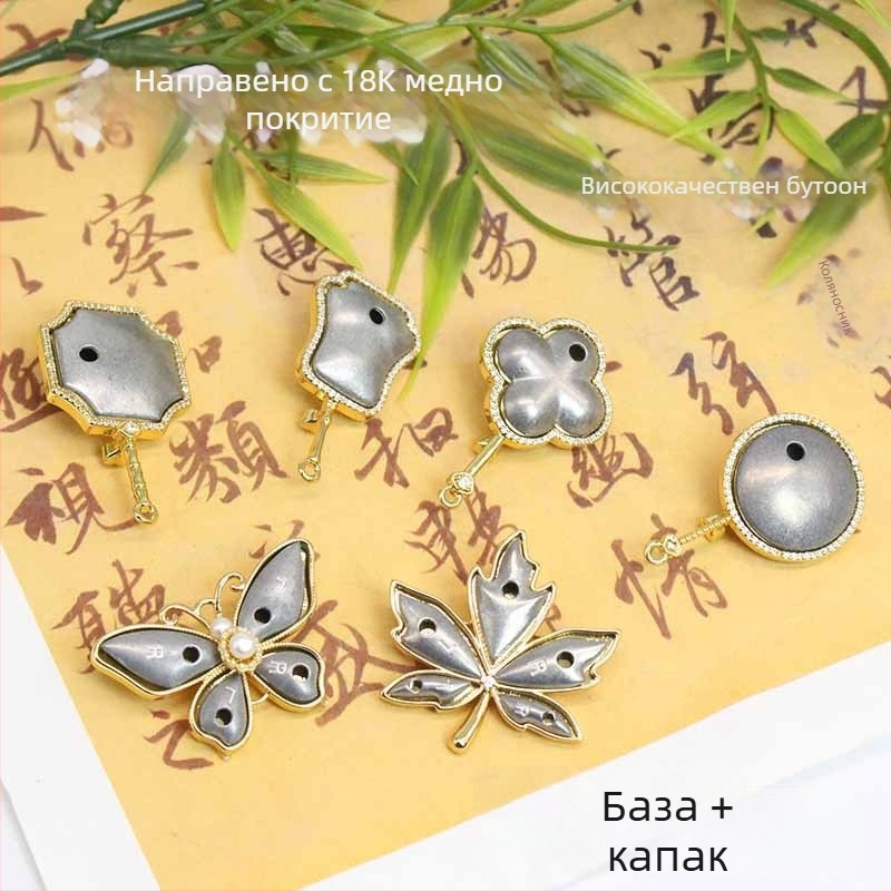 Ръчно изработена брошка от медна основа, дизайн кленов лист и цирконова вставка