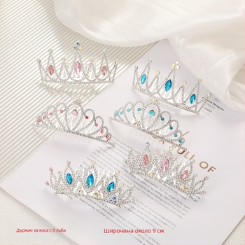Гребен за коса с детска корона – принцесен стил, луксозен дизайн, кристали, електроплатина