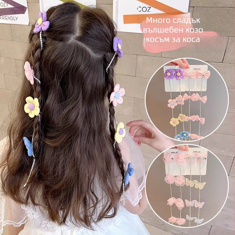 Детска украса за коса с перли и плитка верига, панделка и пискюли (Материал: смесени материали; Стил: сладък, за деца; Обработка: ръчно плетено)