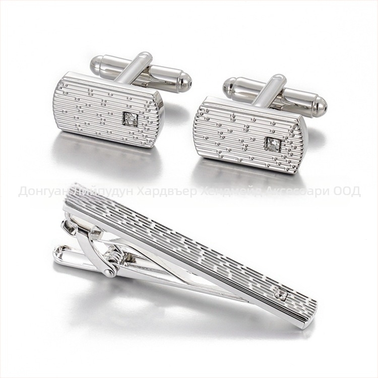 Комплект копчета за маншети и клипс за вратовръзка от мед, геометричен дизайн, инкрустирани с кристали