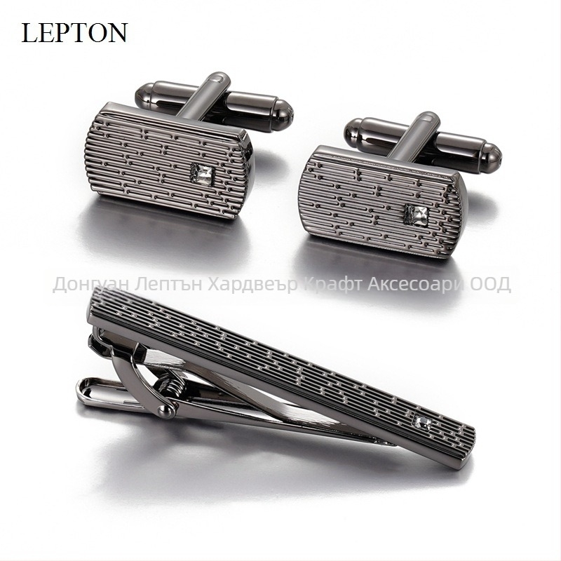 Комплект копчета за маншети и клипс за вратовръзка от мед, геометричен дизайн, инкрустирани с кристали