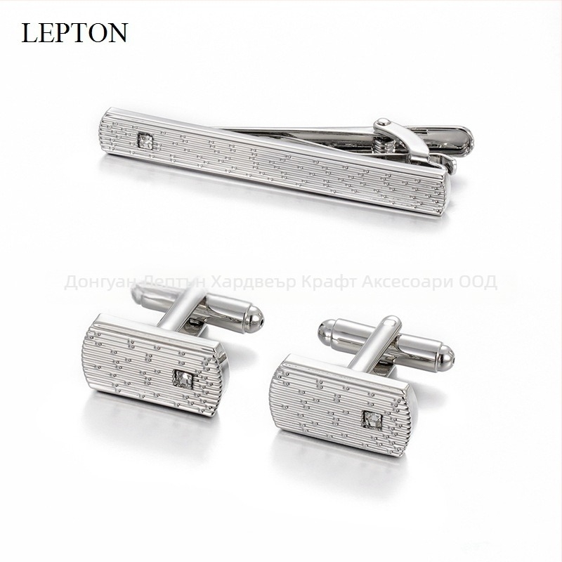 Комплект копчета за маншети и клипс за вратовръзка от мед, геометричен дизайн, инкрустирани с кристали