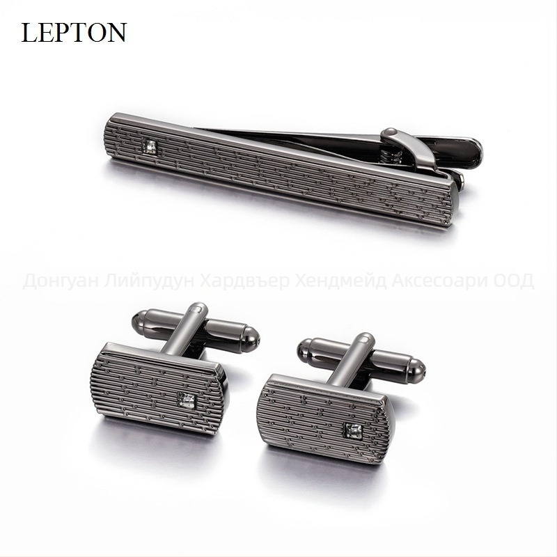 Комплект копчета за маншети и клипс за вратовръзка от мед, геометричен дизайн, инкрустирани с кристали