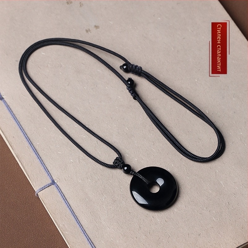 Обсидианова огърлица с геометрична форма и радужни очи – полирана обработка, китайски стил, литературно ретро