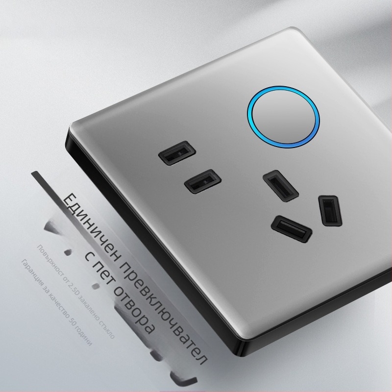 1-гнезден скрит USB изход със закален стъклен превключвател, 86 тип, LED индикатор, монтаж 60×60 мм, медно-фосфор бронзови контакти