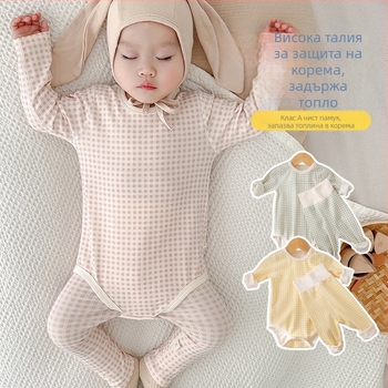 Памучен бебешки комплект за спане, дълъг ръкав, унисекс, новородено 0–12 месеца, есенно‑зимен сезон, памук‑еластан, скрито копче закопчаване