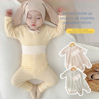 Памучен бебешки комплект за спане, дълъг ръкав, унисекс, новородено 0–12 месеца, есенно‑зимен сезон, памук‑еластан, скрито копче закопчаване