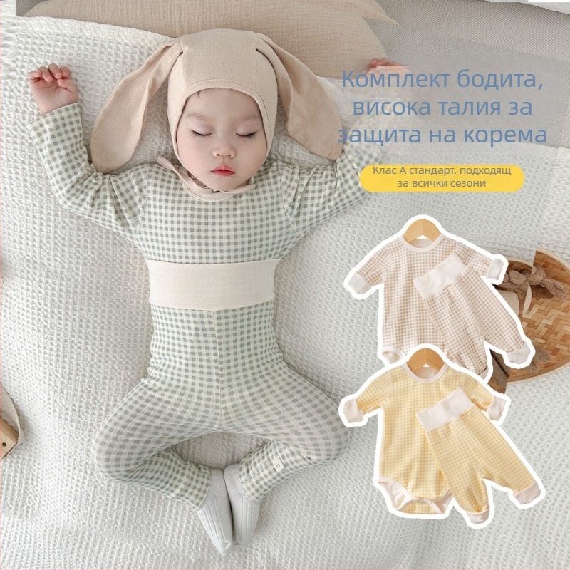 Памучен бебешки комплект за спане, дълъг ръкав, унисекс, новородено 0–12 месеца, есенно‑зимен сезон, памук‑еластан, скрито копче закопчаване